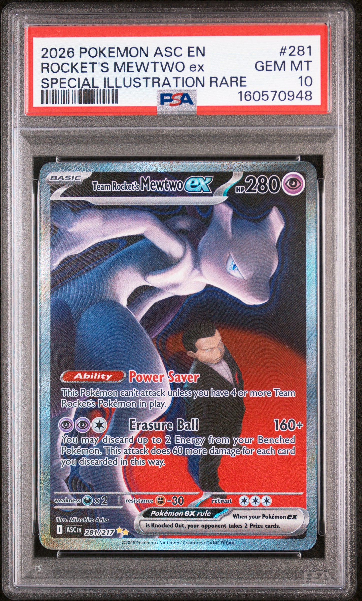 Team Rocket's Mewtwo EX 281 Special Illustration Rare Pokemon PSA 10